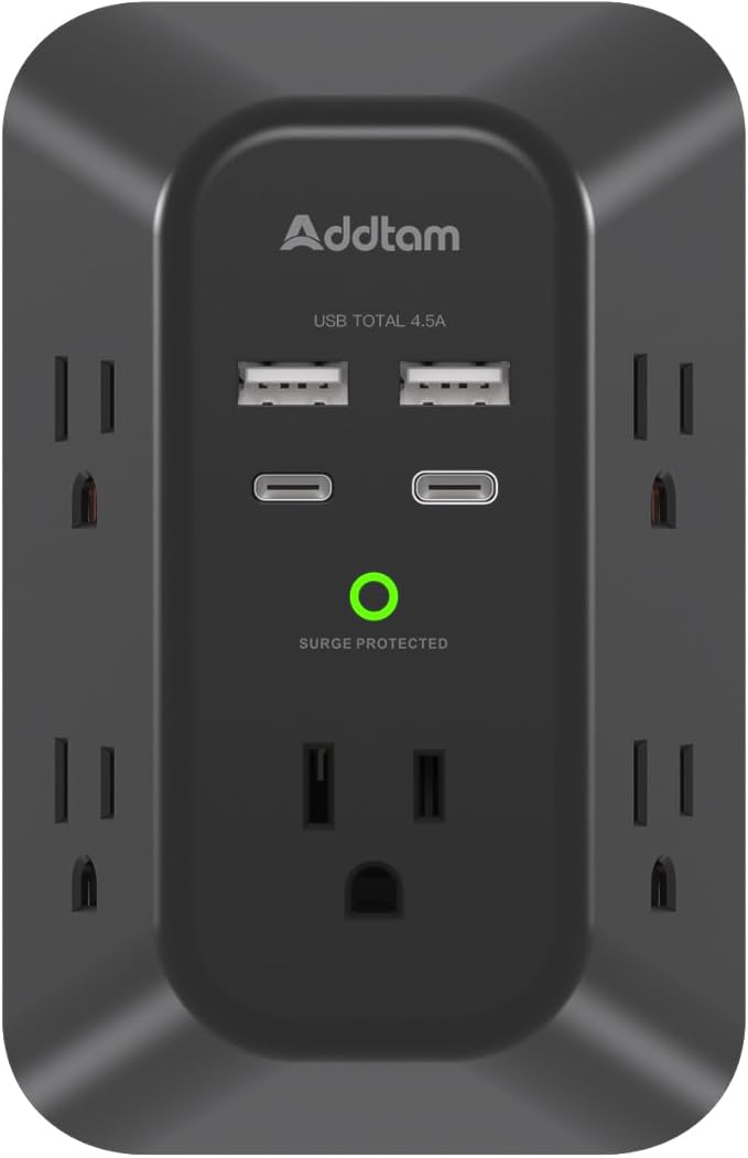 Surge Protector Outlet Extender, Addtam Multi Plug Wall Outlet with 4 USB Ports(2 USB-C), 3-Sided 1800J Power Strip Plug Extension Outlet Splitter, Black