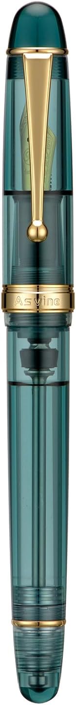Asvine V126 Vacuum Filling Fountain Pen Transparent Teal Acrylic, Medium Nib Large-Capacity with Gift Case