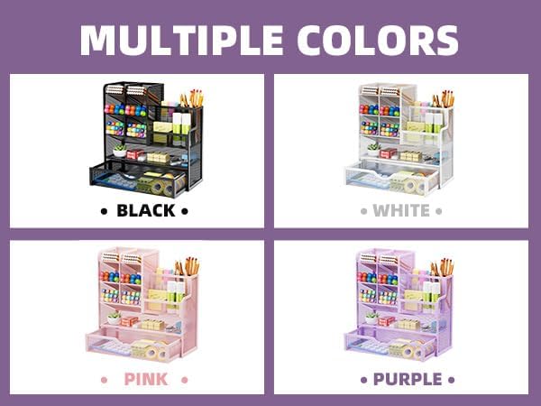 Marbrasse Mesh Pen Holder for Desk, Desk Organizer with Drawer, Multi-Functional Pencil Organizer, Desk Organizers and Accessories for Office Art Supplies (Purple)