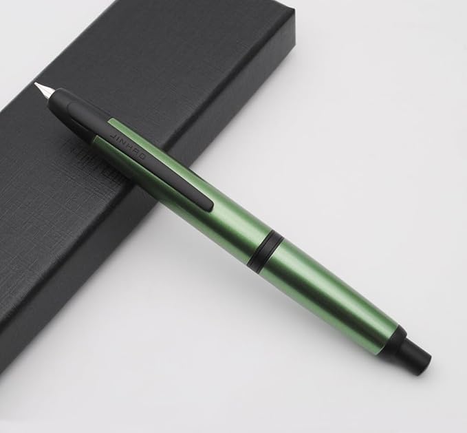 JINHAO 10 Press Fountain Pen, Retractable Metal Pen with Ink Converter (F Nib 0.5mm, Light Pine Green - Black Clip)