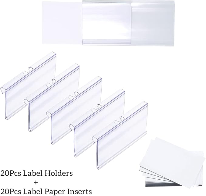 Diteje 20 Pack Plastic Wire Shelf Label Holder,Shelving Rack Retail Sign Hook Labels Clip On with Paper Inserts,3.15x1.50inch