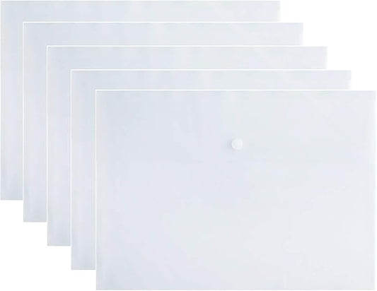 VANRA Poly File Folder Pockets File Jacket Plastic Envelope Flat Document Letter Organizer with Snap Button Closure A4 Letter Size (Pack of 5, Translucent)