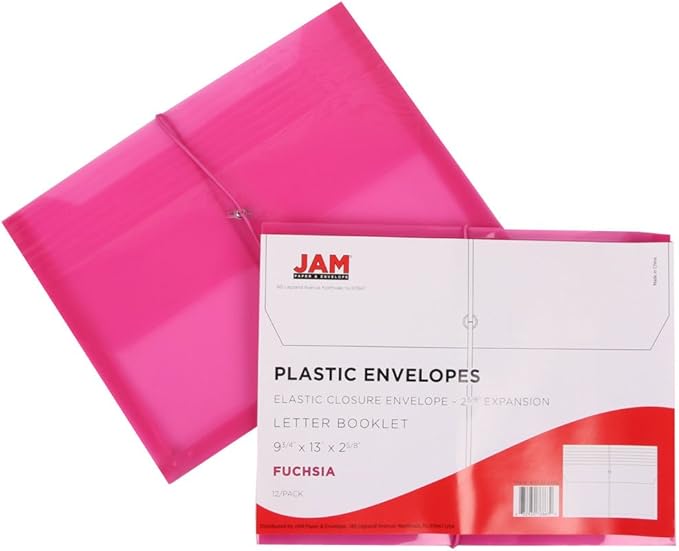 JAM PAPER Plastic Expansion Envelopes with Elastic Band Closure - Letter Booklet - 9 3/4 x 13 with 2.5 Inch Expansion - Pink - 12/Pack