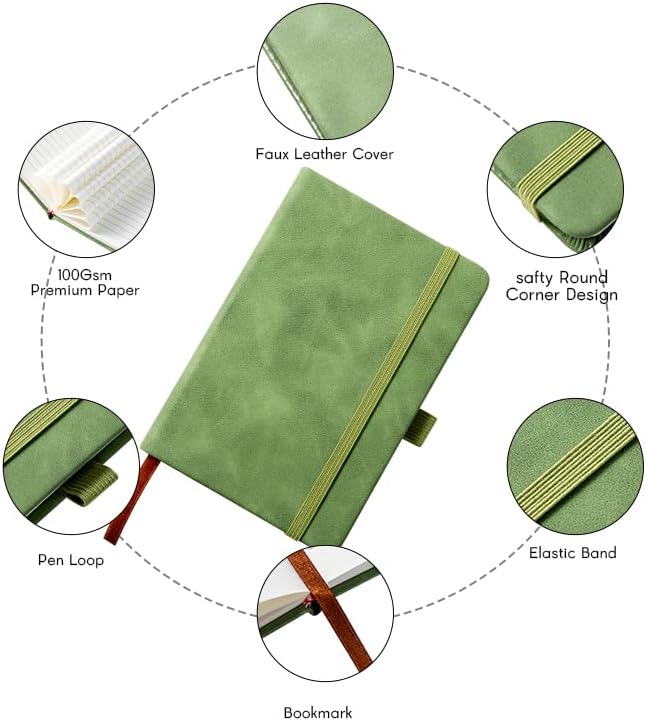 2Pack Pocket Notebook Small Notebook Journal Notebook 4 inches x 5.7 inches 200 Pages Leather Cover With Pen Holder Page Marker Ribbons(Green)