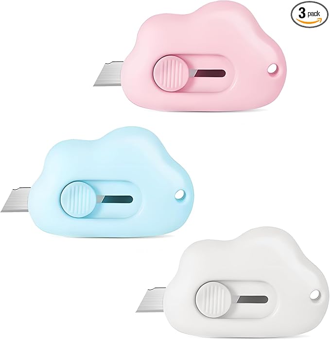 Mini Cloud Box Cutters Retractable Cute, 3 Pcs Small Utility Knives, Portable Letter Opener Slide Open with Keychain Hole, for Office School Stationery, Cutting Box Envelopes Papercutting