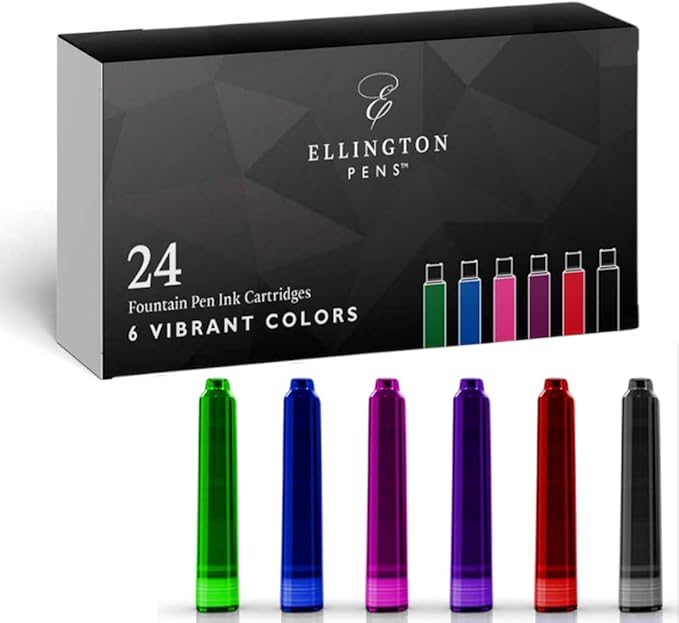 Vibrant Fountain Pen Ink Refills - 24 Pack Vibrant 6 Colors International Standard Size Cartridges - Premium Quality & Non-Toxic - Long-Lasting Ink