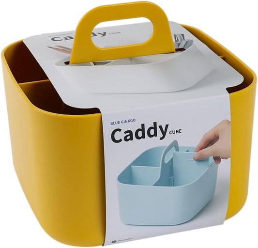 BLUE GINKGO Stackable Organizer Caddy – Korean-Made Portable Tote for Bathroom, Office, Crafts, or School Supplies (Square, Yellow)