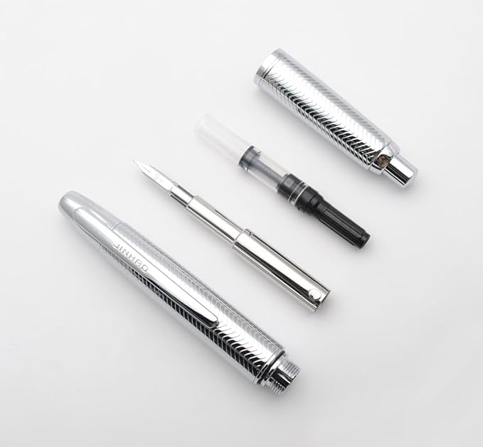 JINHAO 10 Press Fountain Pen, Retractable Metal Pen with Ink Converter (F Nib 0.5mm, Wavy Texture Bright Silver)