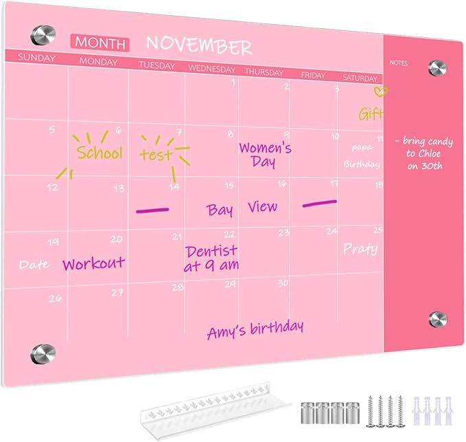 Glass Dry Erase Whiteboard, Pink Glass Monthly Calendar Whiteboard, 18" x 24",Frameless Glass White Board for Home, School, Office, Pink Surface(GlassA-PK-4560)