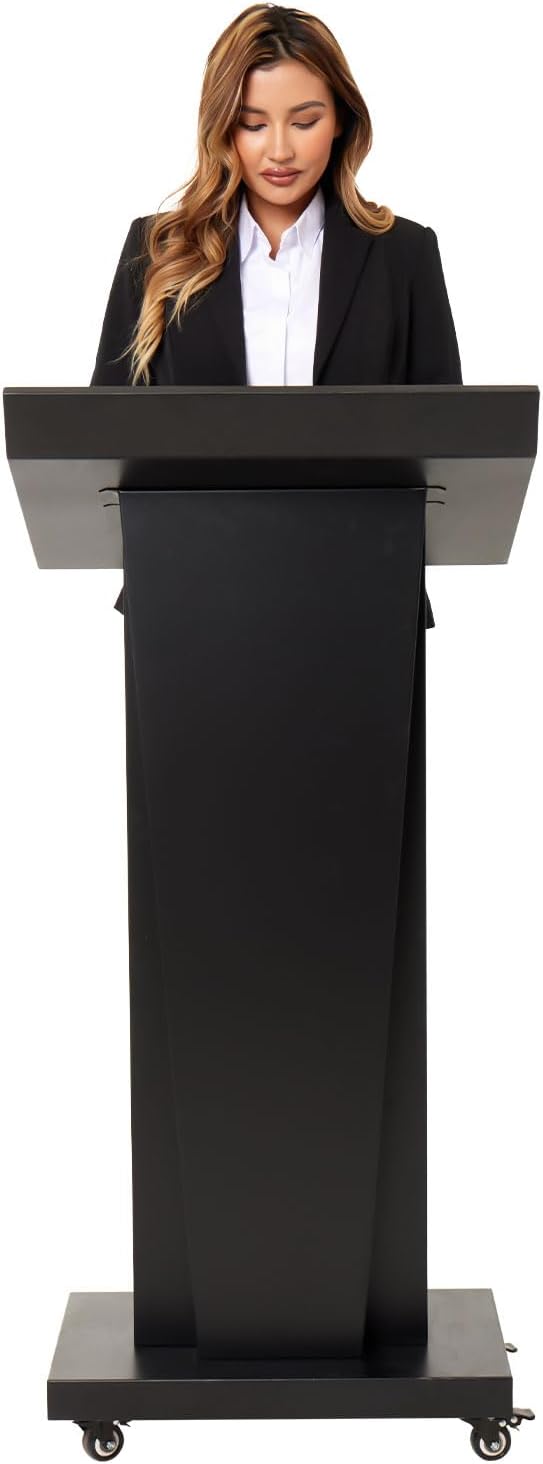 Podium Stand with Locking Wheels - Heavy Duty Church Podium & Pulpit for School, Conference, Office, or Home - 50.4" H Metal Lectern with Large Storage & Slanted Desktop