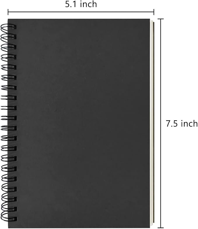 Blank Spiral Notebook, 3-Pack, Soft Cover, Sketch book, 100 Pages / 50 Sheets, 7.5 inch x 5.1 inch, 100GSM, (Black)