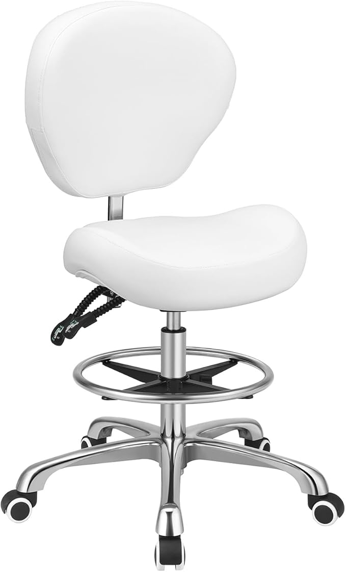 Kaleurrier Adjustable Height Drafting Stool Drafting Chair with Backrest & Foot Rest,Swivel Rolling Stools,for Work Studio,Dental,Office,Salon and Counter,Tall Home Desk Chairs (White)