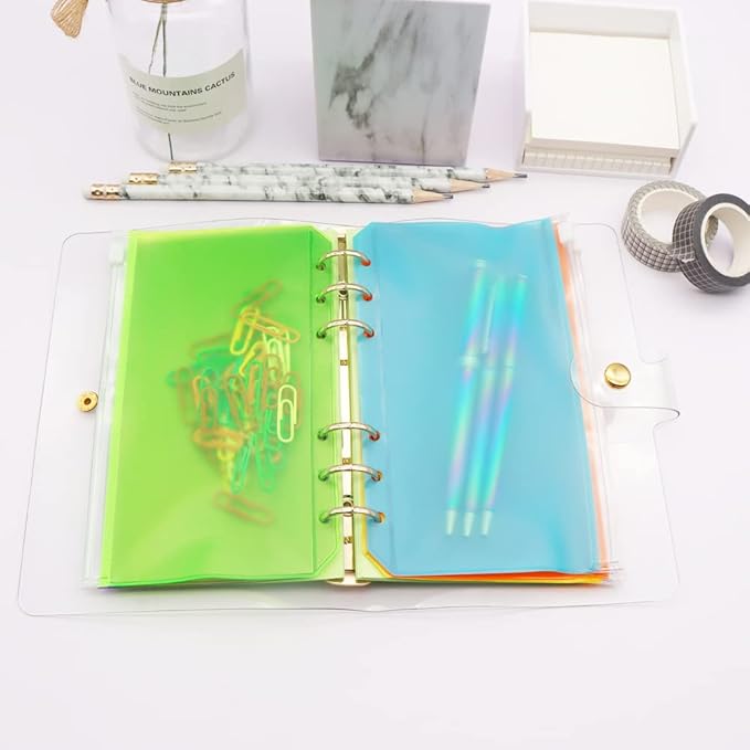 Colorful PVC Binder Pockets 12pcs A6 Binders Zipper Pouch Bag Loose Leaf 6 Holes PVC Zip Organizer Folder for Journal Budget Filing Pocket Bags