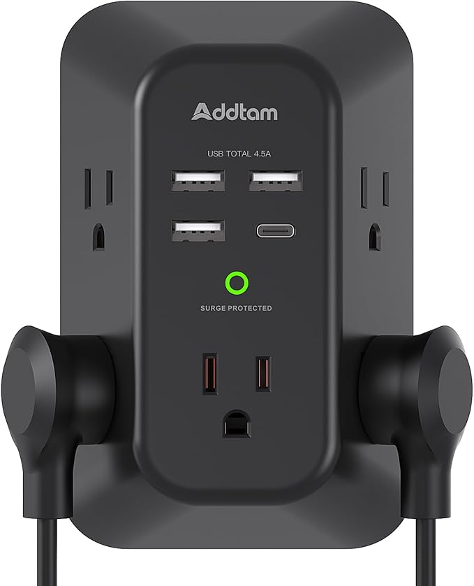Surge Protector Outlet Extender, Addtam Multi Plug Wall Outlet with 4 USB Ports(1 USB-C), 3-Sided 1800J Power Strip Plug Extension Outlet Splitter, Black