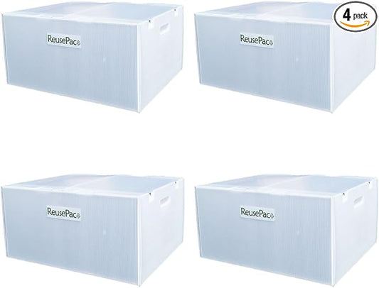 Reusable Foldable Box Corrugated PP Lightweight, Storage Moving, Heavy Duty Stackable, Tape Free Self-Locking Lid, Handles for Business Home In/Outdoors X-Large (nWhite, 20x16x10 in)