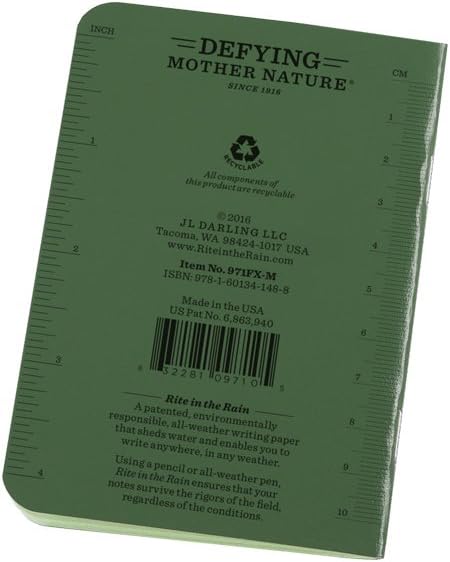 Rite in the Rain Weatherproof Mini-Stapled Notebook, 3 1/4" x 4 5/8", Green Cover, Universal Pattern, 3 Pack (No. 971FX-M), 4.625 x 3.5 x 0.125