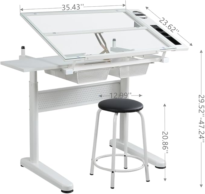 Hand Adjustable Height Drafting Table Artist Drawing Table Multifunctional Art Craft Artists Desk Tilting Glass Tabletop Glass Topped Art Desk Work Station With Stool and Chair for Home Office White
