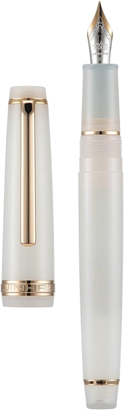 Jinhao 82 Acrylic Fountain Pen, Iridium Fine Nib with Ink Converter, Transparent Ivory White Classic Design Smooth Writing Pen (Gold Trim)