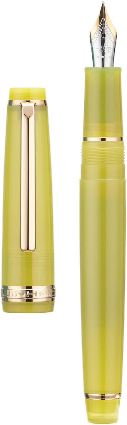 Jinhao 82 Acrylic Fountain Pen, Iridium Medium Nib with Ink Converter, Transparent Mustard Yellow Classic Design Smooth Writing Pen (Gold Trim)