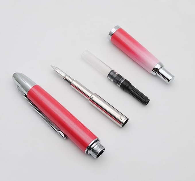 JINHAO 10 Press Fountain Pen, Retractable Metal Pen with Ink Converter (F Nib 0.5mm, Gradient Rose Red)