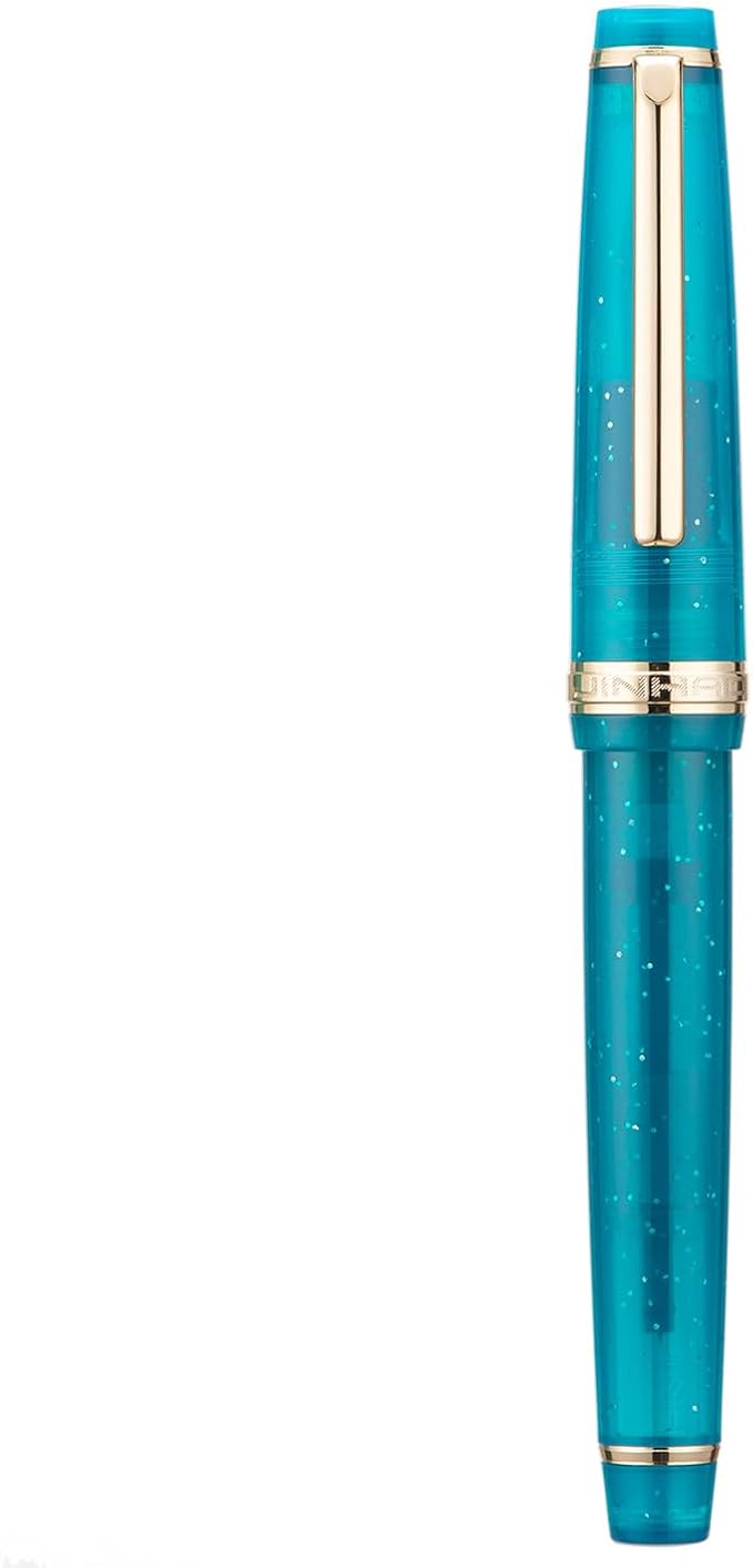 Jinhao 82 Acrylic Fountain Pen, Iridium Bent Nib with Ink Converter, Transparent Peacock Blue Fluorescent Classic Design Calligraphy Pen (Gold Trim)