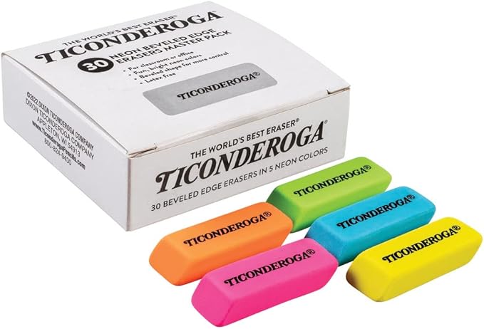 Ticonderoga Wedge Erasers, Neon Colors, 30 Count, Class Pack