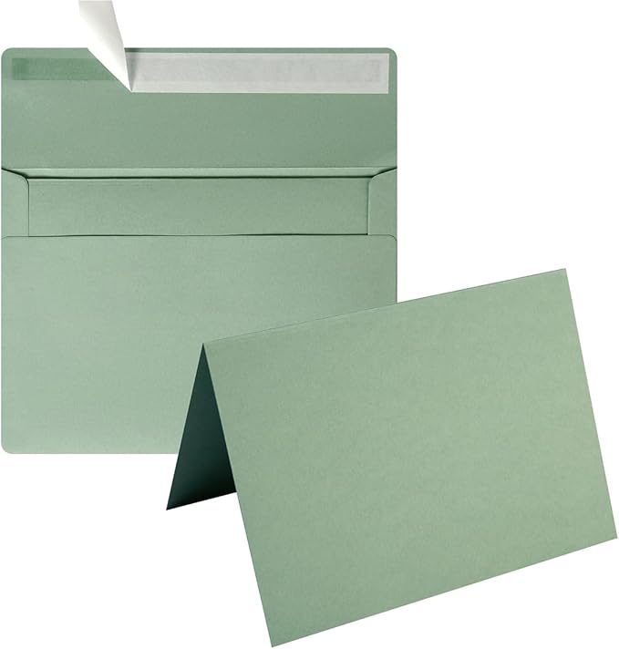 Wishop 50 Pack Self-Adhesive Envelopes with Fold Cards for Wedding Invitations, Greeting Cards, Baby Shower, Letter Mailing (Sage-Green, 5x7)