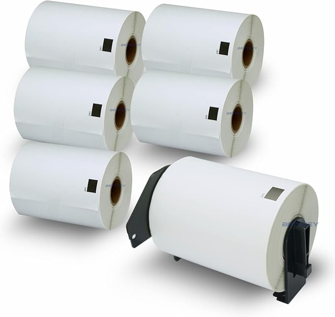 BETCKEY - Compatible Shipping Labels Replacement for Brother DK-1241 (4" x 6"), Use with Brother QL Label Printers [6 Rolls + 1 Reusable Cartridge]