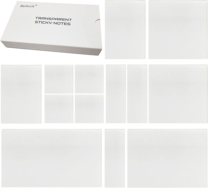 Transparent 650 Sheets, Clear, See Through Invisible Translucent Sticky Notes for School, Office 13 Packs, (1.5"x1.5" , 3"x1" , 3"x2" , 3"x3", 3"x4" ,3"x5")