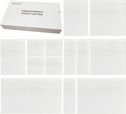 Transparent 650 Sheets, Clear, See Through Invisible Translucent Sticky Notes for School, Office 13 Packs, (1.5"x1.5" , 3"x1" , 3"x2" , 3"x3", 3"x4" ,3"x5")