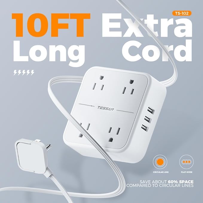Surge Protector Power Strip, TESSAN 10 FT Extension Cord with 3 USB A Wall Charger, Ultra Thin Flat Plug with 4 Outlets, Slim Desktop Charging Station for Office, School, Home, Dorm Room Essentials