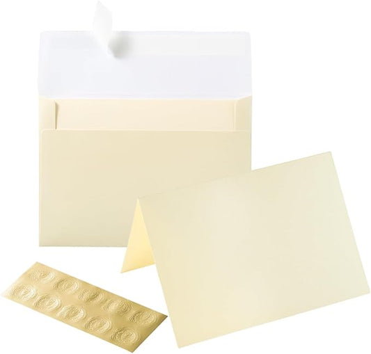 Wishop 50 Pack Shiny Self-Adhesive Envelopes with Shiny Fold Cards for Wedding Invitations, Greeting Cards, Baby Shower, Letter Mailing (Cream Color, 5x7)