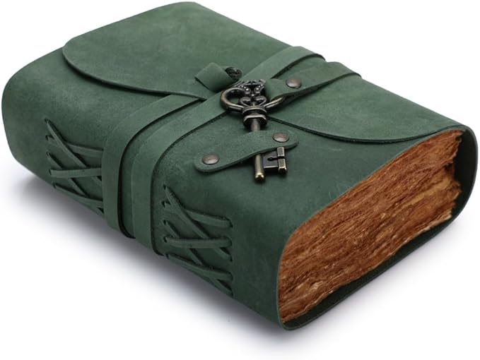 Fausta Vintage Handcrafted Leather Journal with Key for Writing, 240 Pages 8 x 6 inches, Deckled Cotton Paper Notebook/Diary for Men and Women 150 GSM Drawing/Sketchbook, Hunter Green