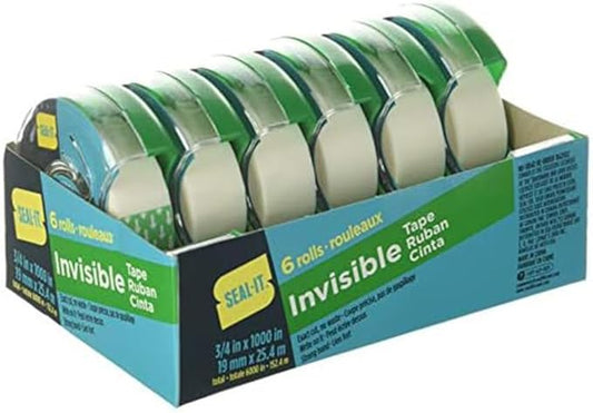 Invisible Stationery Tape 3/4 x 1000 Inches On Press N' Cut Dispenser, Pack of 6 Total 6000 Inches, White (62452)