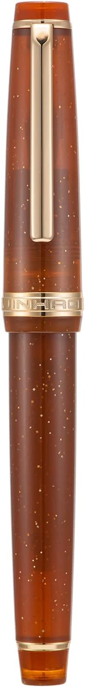 Jinhao 82 Acrylic Fountain Pen, Iridium Extra Fine Nib with Ink Converter, Transparent Coffee Fluorescent Classic Design Smooth Writing Pen (Gold Trim)