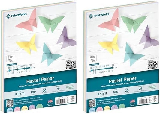 Printworks Pastel Paper, 20 lb, 5 Assorted Pastel Colors, 30% Recycled Color Printer Paper, SFI Certified, Perfect for School and Craft Projects, 100 Sheets, 8.5 x 11 Inch (00577) (Pack of 2)