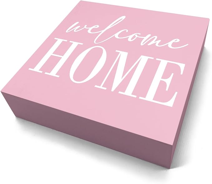 Welcome Home Sign Home Decor Desk Decor Wooden Box Sign Rustic Pink Wood Block Plaque Box Sign for Women Family Friends Farmhouse Living Room Kitchen Bedroom Shelf Table Decoration