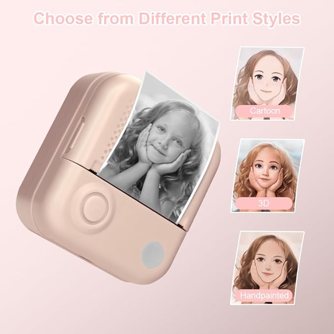 Mini Printer,Thermal Printers Sticker Maker with 3 Rolls Paper,Portable Wireless Bluetooth Inkless Printer, Recharge Pocket Label Maker, Small Printer for Scrapbook Supplies,Photo, Pink