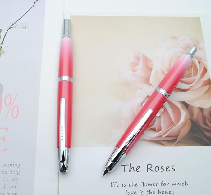 JINHAO 10 Press Fountain Pen, Retractable Metal Pen with Ink Converter (F Nib 0.5mm, Gradient Rose Red)