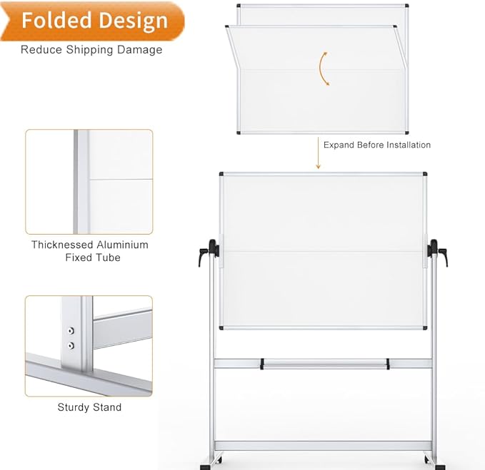 VIZ-PRO Double-Sided Mobile Whiteboard, 48 x 48 Inches, Magnetic Rolling Dry Erase White Board on Wheels with Aluminium Frame and Stand