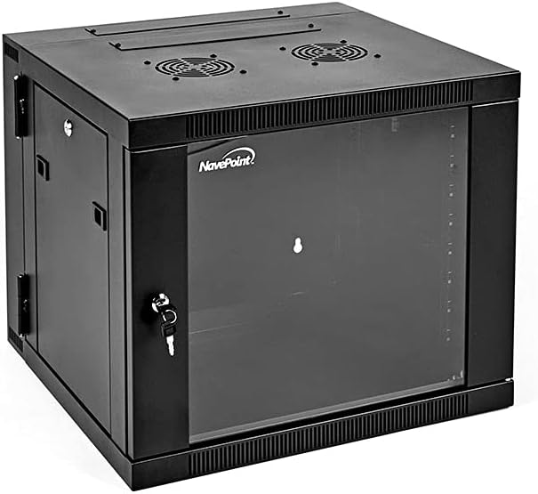 NavePoint Server Cabinet with Hinged Back - 21.6' Deep, 9U Rack Enclosure with Locking Glass Door, Wall Mount Rack with Removable Side Panels, Network Cabinet with 2 Fans, Pre-Assembled
