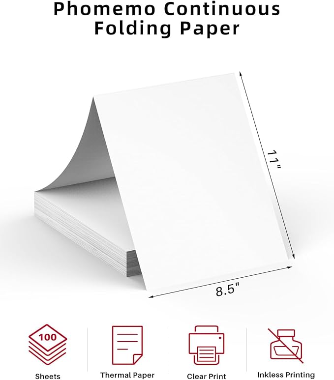 Phomemo US Letter Thermal Printer Paper,Continuous Phomemo M08F Thermal Paper,Compatible with COLORWING M08F, M832, M834, MT800/MT800Q, with Brother Letter Portable Printer, Size 8.5" x 11",200 Sheets