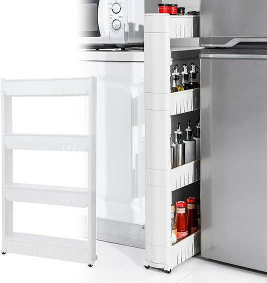 Slim Rolling Storage Cart 4 Tier, Small Plastic Kitchen Laundry Room Cart, Mobile Storage Organizer Shelves, Utility Cart Tower Rack for Bathroom Bedroom (White)