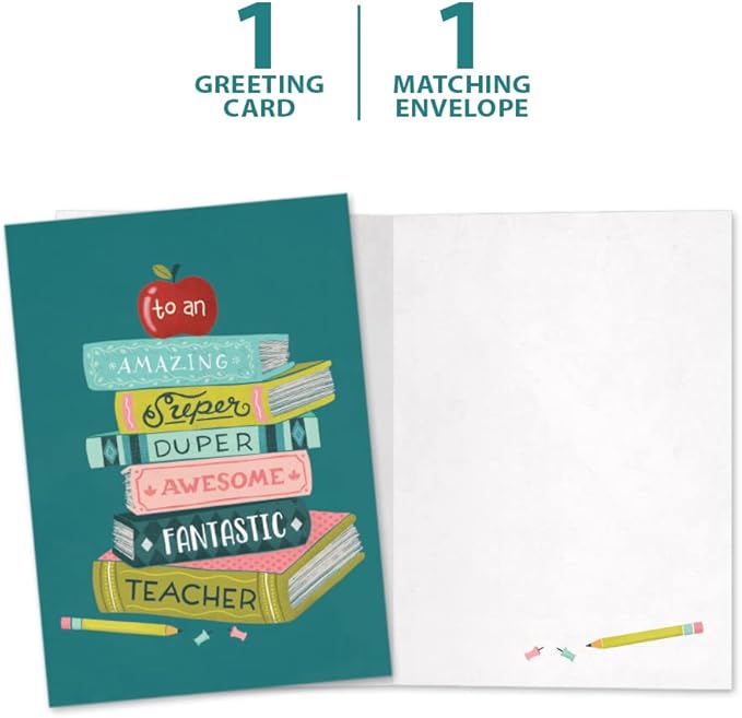 Tree-Free Greetings Teacher Appreciation Cards - Artful Designs - 1 Card + Matching Envelopes - Made in USA - 100% Recycled Paper - 5"x7" - Lighthearted, For Teacher, Awesome Fantastic Teacher (GO64426)