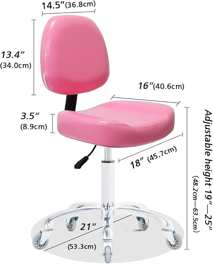 Vanity Rolling Chair Esthetician Shop Stool with Wheels,Ergonomic Lash Armless Office Chair, Desk Chair for Makeup Bedroom Classroom (Pink)