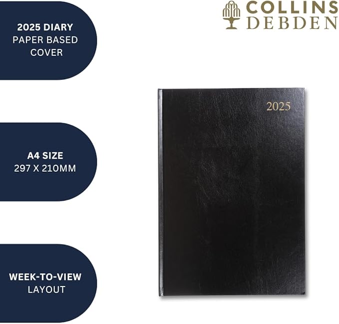 Collins Essential 2025 Business Diary - A4 Week to View Planner with Leathergrain Hardback Cover - Black - ESSA43.99-25