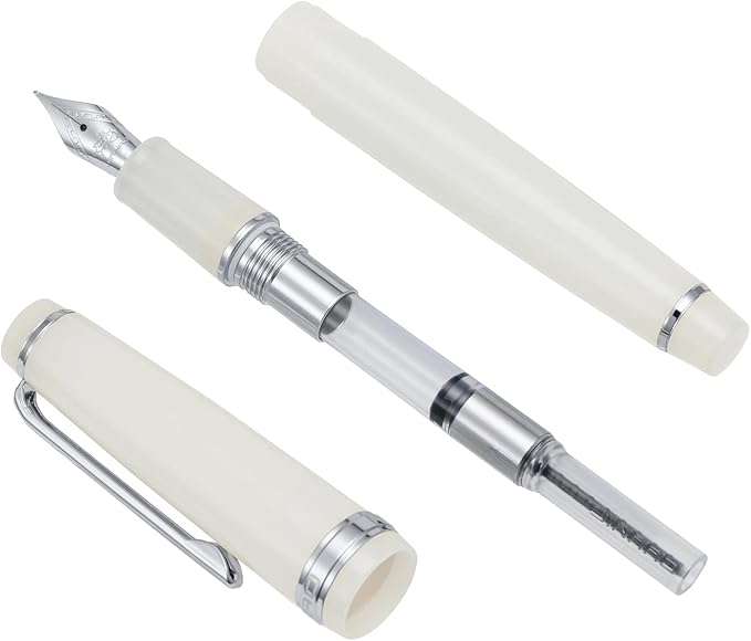 Jinhao 82 Acrylic Fountain Pen, Iridium Extra Fine Nib with Ink Converter, Transparent Ivory White Classic Design Smooth Writing Pen (Silver Trim)