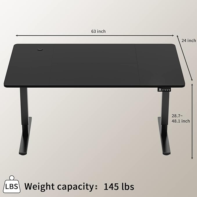 Furmax Electric Height Adjustable Standing Desk Large 63 x 24 Inches Sit Stand up Desk Home Office Computer Desk Memory Preset with T-Shaped Metal Bracket, Black