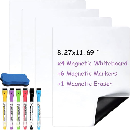 Magnetic Dry Erase Board Sheet for Fridge 4 PCS, 12"X8" Erasable Refrigerator Small Magnet WhiteBoard, Include 1 Eraser, 6 Markers