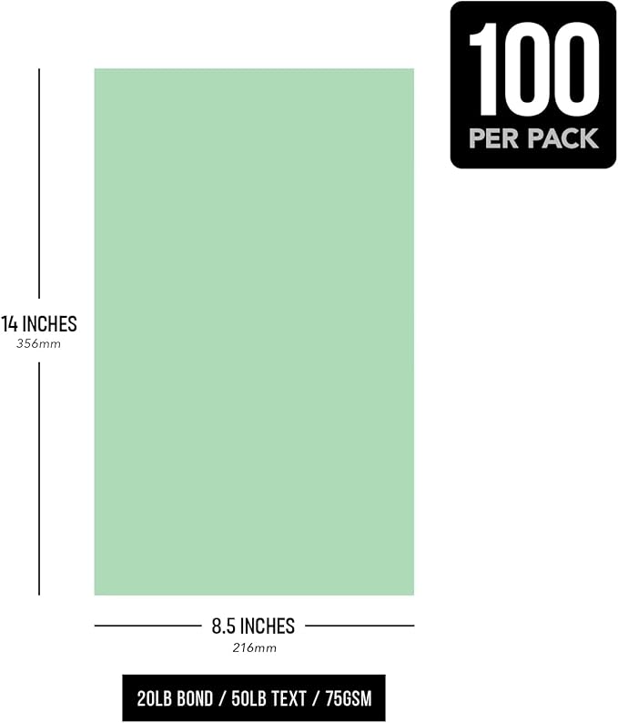 Green Pastel Colored Menu Paper - 8.5" x 14" (Legal Size) - for Documents, Announcements, Menus Arts and Crafts | Bulk Pack of 100 Sheets